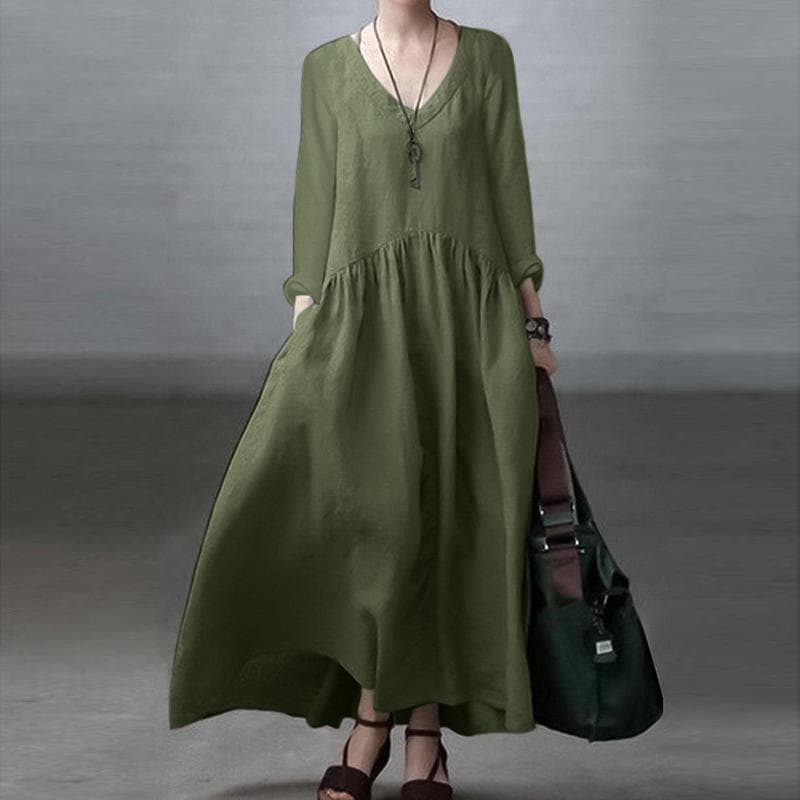 ZANZEA Cotton Casual V-neck Long Sleeve Women Dress 3XL dark green