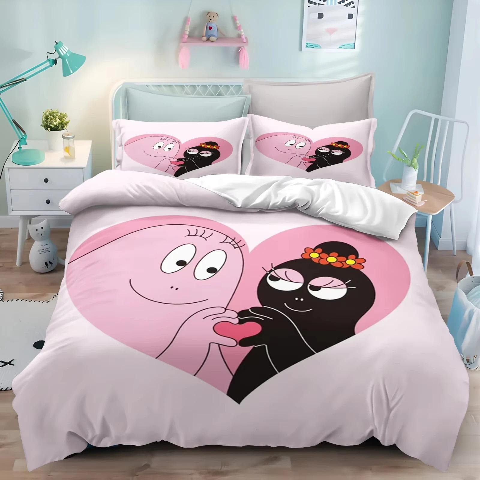 New 3D Print Cartoon L-Les & B-Barbapapa Bedding Set Double Twin King Duvet Cover Comforter Pillowcase Boys Girls Adults Bedroom AU Double 180x210cm