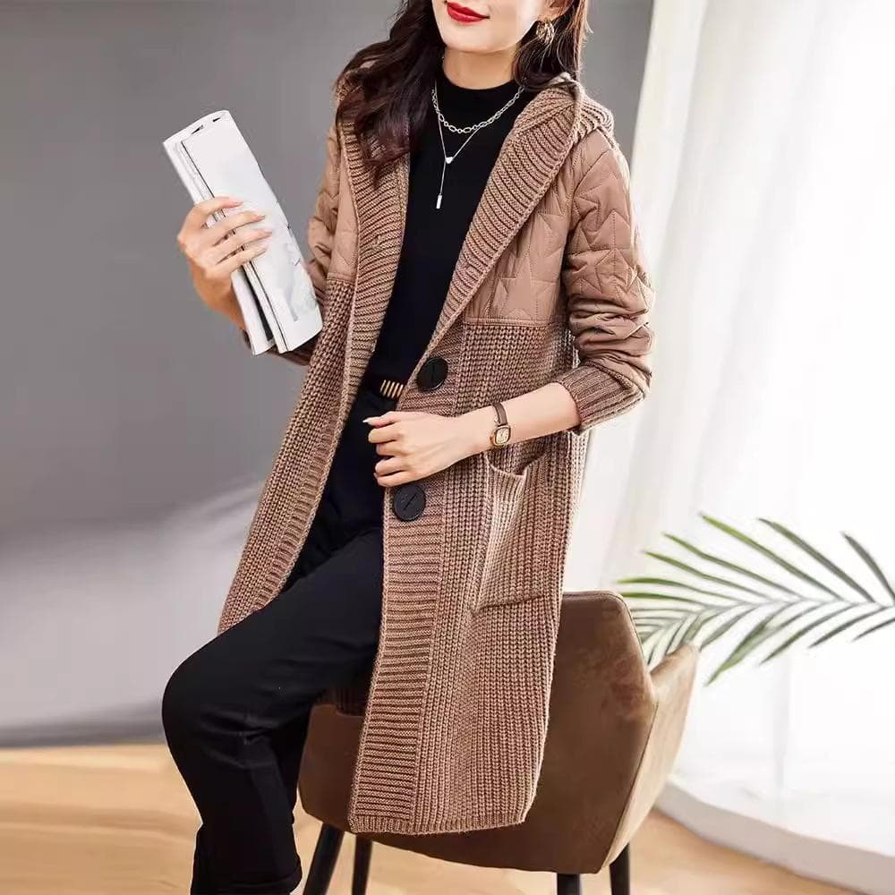 New Hooded Jacket Cardigan Mid-length Autumn and Winter Women's Sweater Loose Knitted Top 2XL