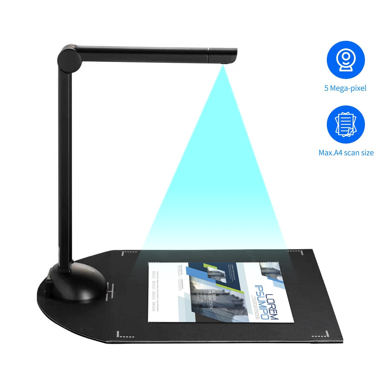 Document Book Camera Scanner 8 Mega-pixel HD High-Definition A3 Scanning Size with USB Port LED H4 black