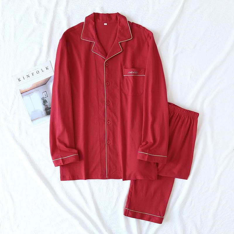 New Spring and Autumn Couple Knit Pajamas, Long-sleeved Trousers, Two-piece 100% Cotton Red Men's and Women's Home Service Suit XL