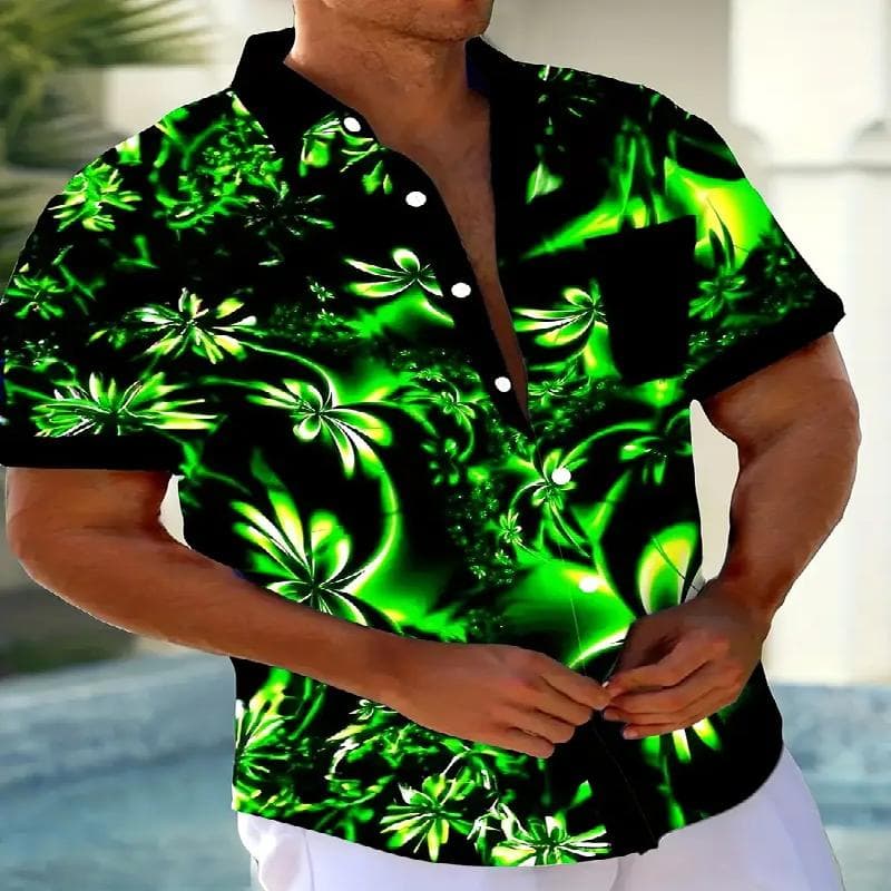 Men's Hawaiian Gradient Art Flower 3D Printed Short Sleeve Shirt with Collar Regular Edition Summer Leisure Beach and Entertainment Activities 4XL green