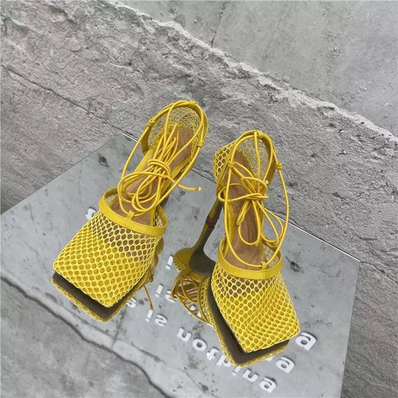 Sexy Mesh Pumps Sandals Female Square Toe High Heel Lace Up Cross Tied Stiletto Hollow Dress Pumps Shoes 38 yellow