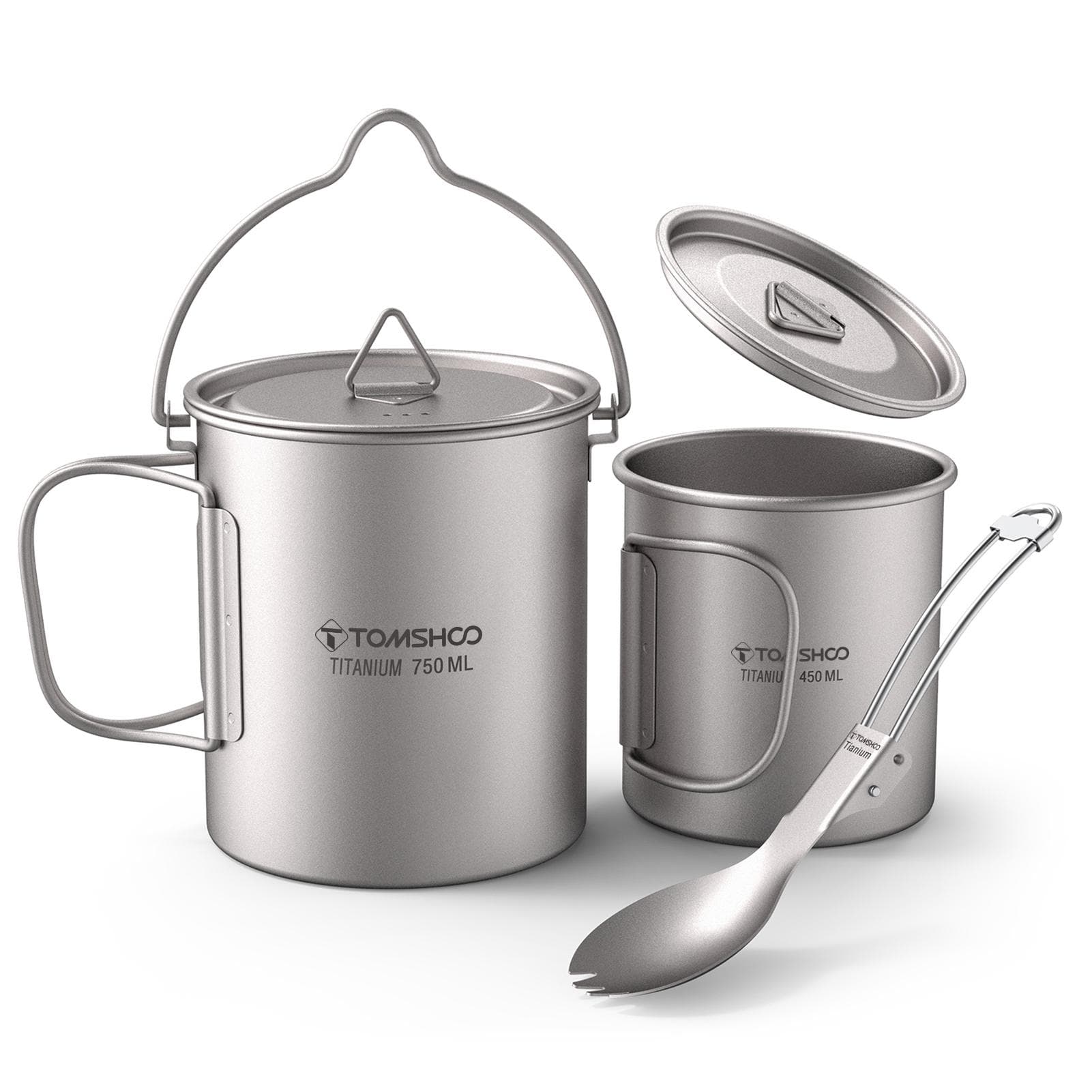 TOMSHOO Lightweight Titanium 3 Pieces Set Titanium 750ml Pot 350ml Water Cup Mug with Lid 750ML Pot & 420ML Cup & Spork