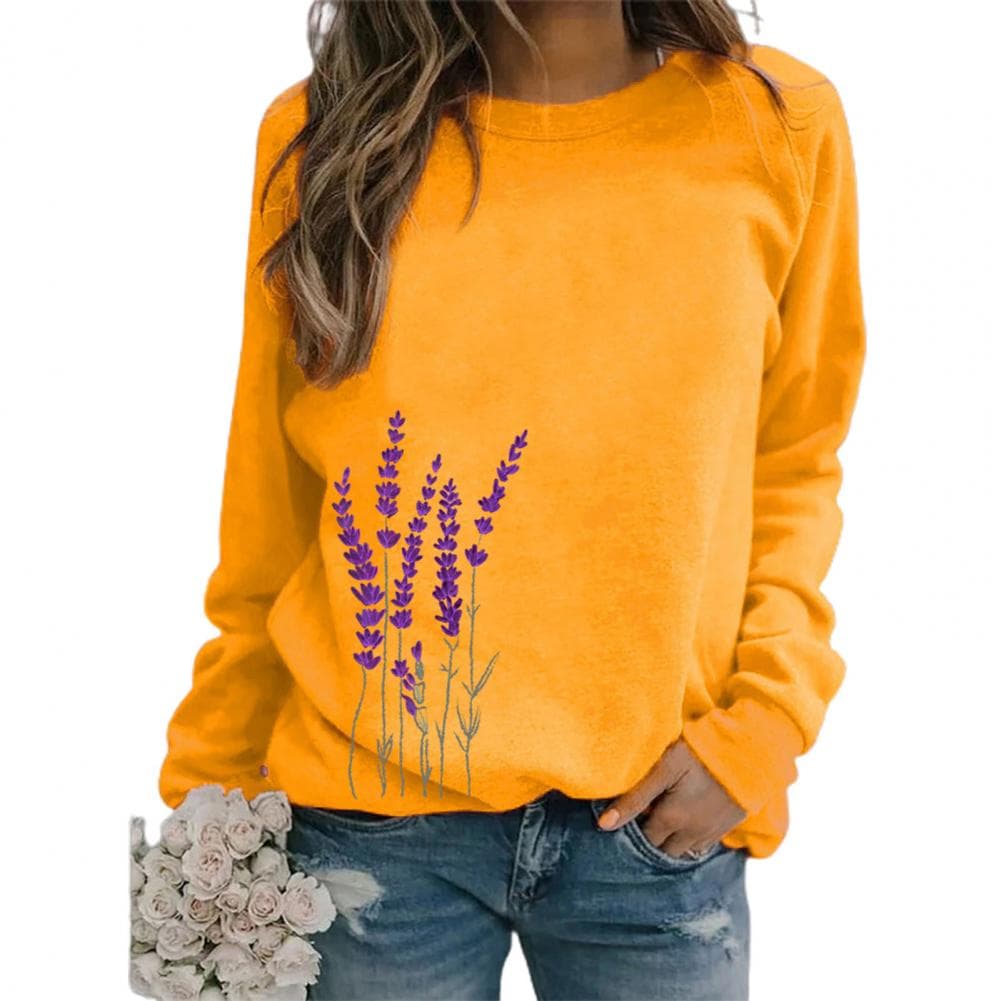 Women Sweatshirt Floral Print O Neck Loose Warm Lady Blouse for Daily Wear M yellow