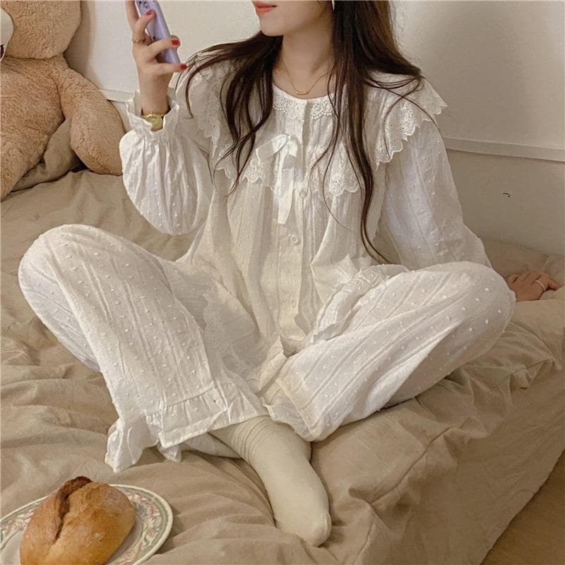 New Pajamas Women's Spring and Autumn Sweet Princess Style White Lace Long Sleeve Home Clothes Suit Pure Women's Style One Size white
