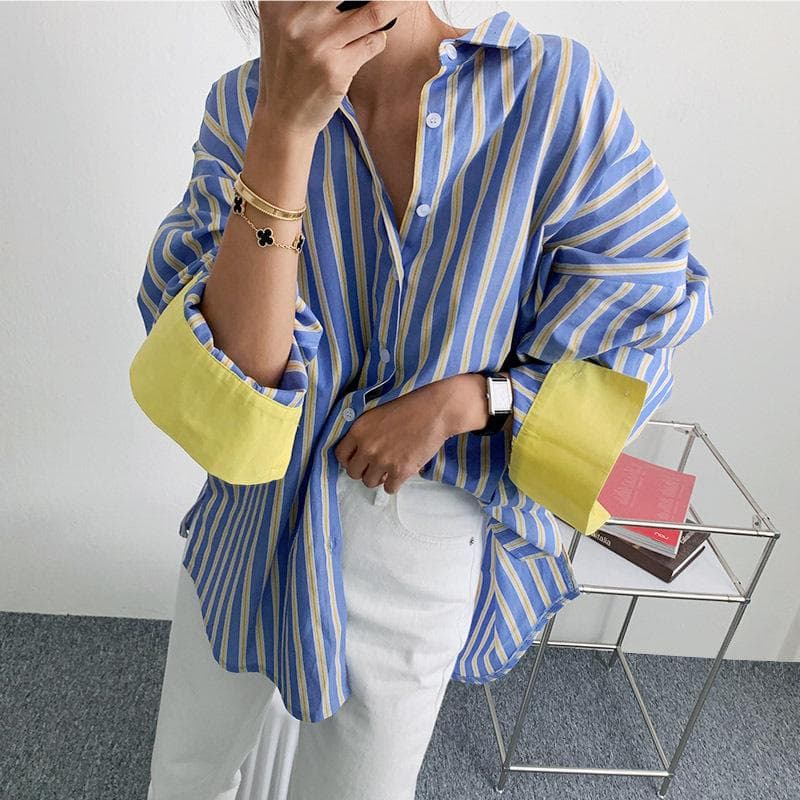 Spring and Autumn New Contrasting Striped Shirt Women's Loose and Thin Medium and Long Bottoming Shirt M blue