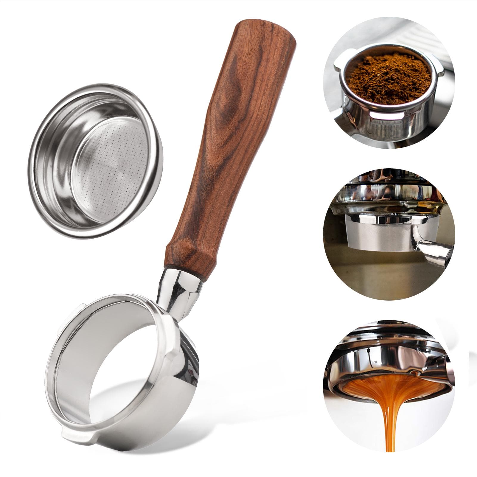 58mm 3 Ears Stainless Steel Bottomless Naked Portafilter Wooden Coffee Handle Cup Filter Basket Cuibourtia material brown
