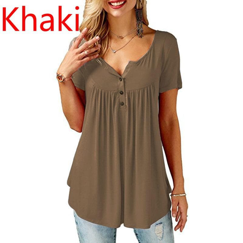 Womens O Neck Button Loose Elastic Tops Ladies Short Sleeve Tunic Shirts Female Casual Blouses 3XL tan