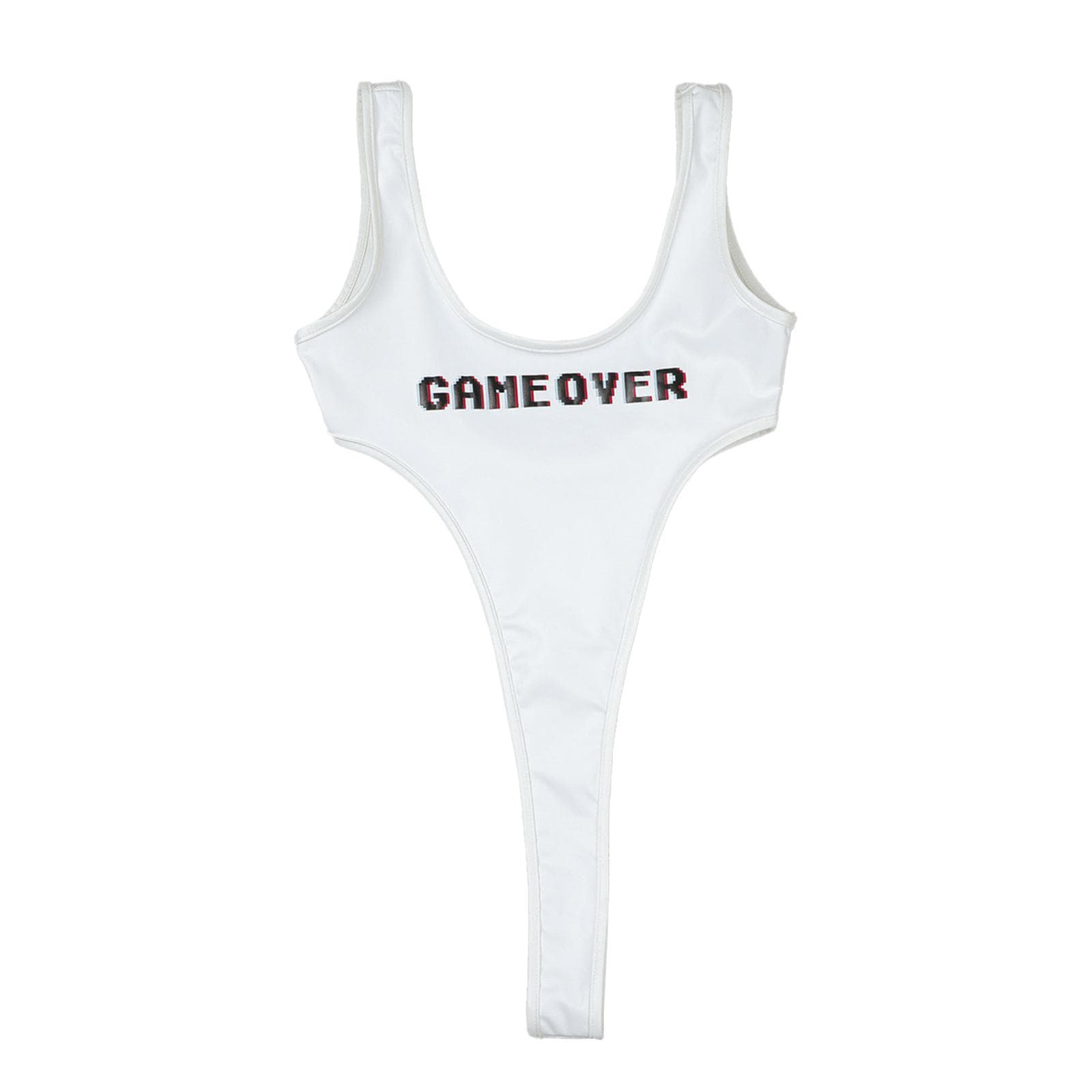 Womens One Piece Swimsuit Sleeveless Round Neck High Cut U Back Printed Bodysuit One Size white