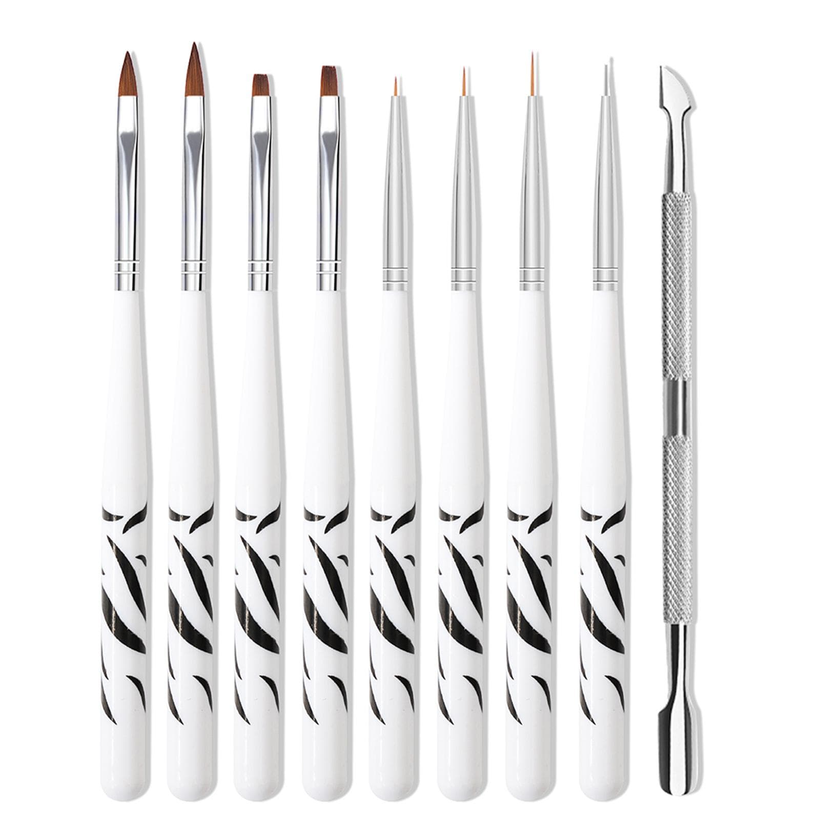 9PCS Nail Art Tools Polish Gel Liner Pen Nail Painting Pen Stainless Steel Double-ended Nail Pusher white