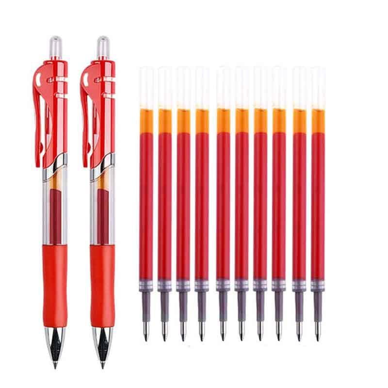 12pcs Gel Pen Set 0.5mm Replaceable Refill Office and School Supplies Stationery 2 Pens+10 Refills red