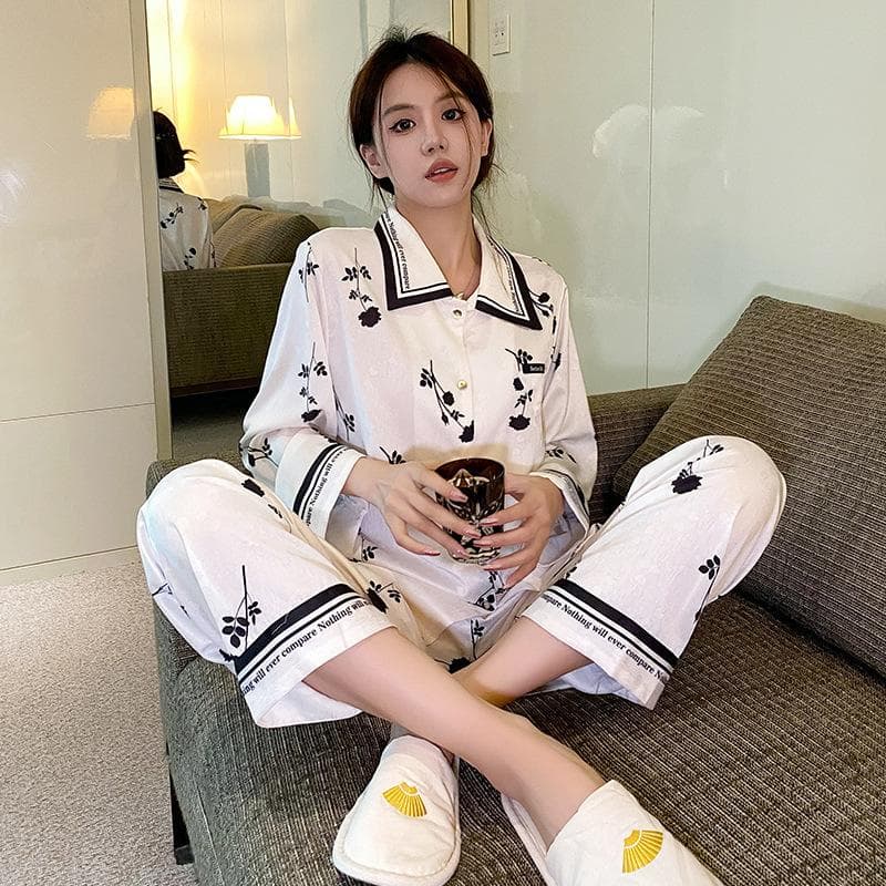 Autumn New Ice Silk Pajamas Women's Black Jacquard Casual Cardigan Long Sleeve Home Clothes Suit Can Be Worn on The Street XL