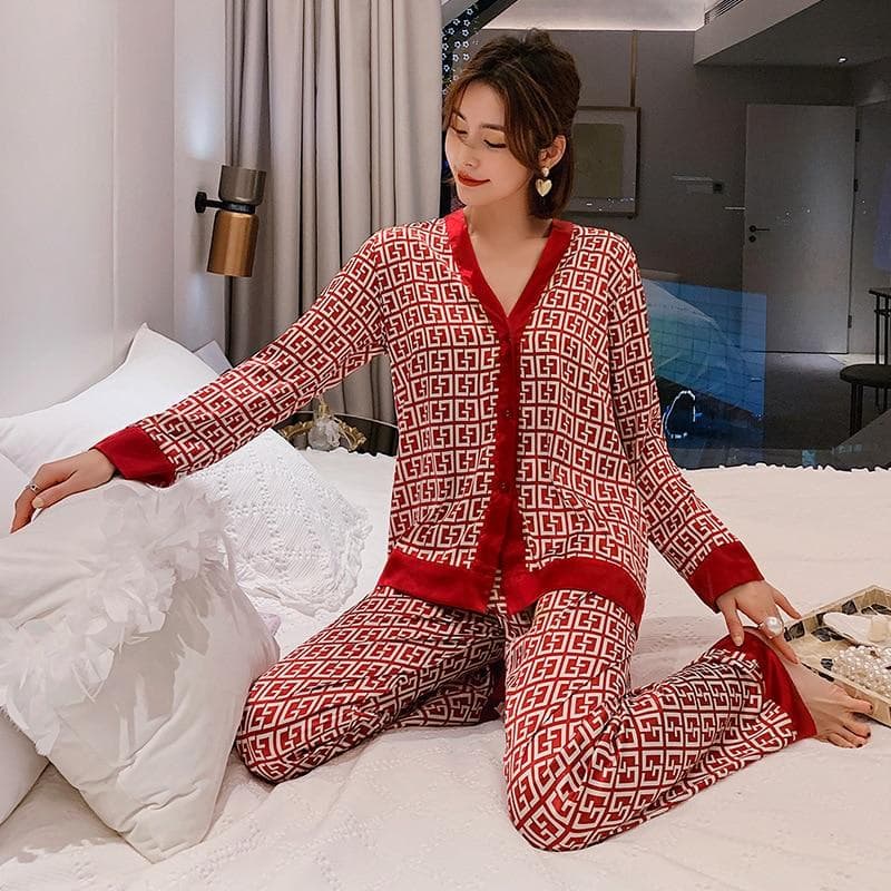 Autumn New Comfortable Letter Pattern Women Pyjamas Home Suit Fashion Thin Long Sleeve Set Pajamas L red