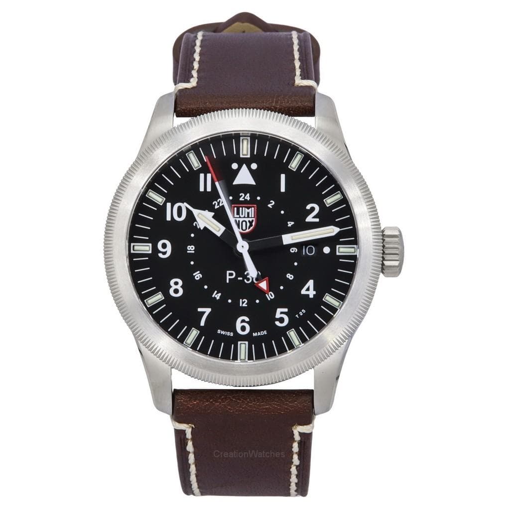 Luminox Air Pilot P-38 Lightning GMT Leather Strap Black Dial Swiss Quartz XA.9521 100M Men's Watch black