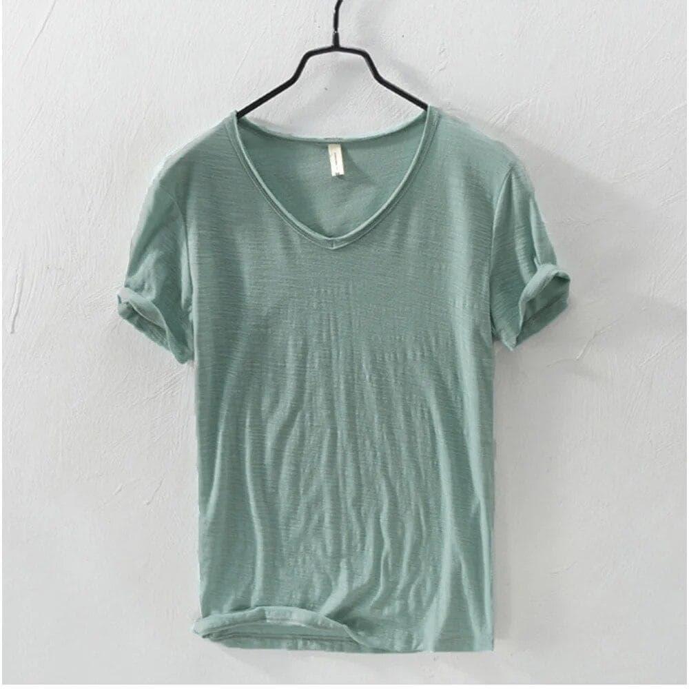 New Slim Fit Slub Cotton Pure Color V Collar Short Sleeved Tops Tees Men T-Shirt Multi-color Man T-Shirts Fitness EU S 50-60kg light green