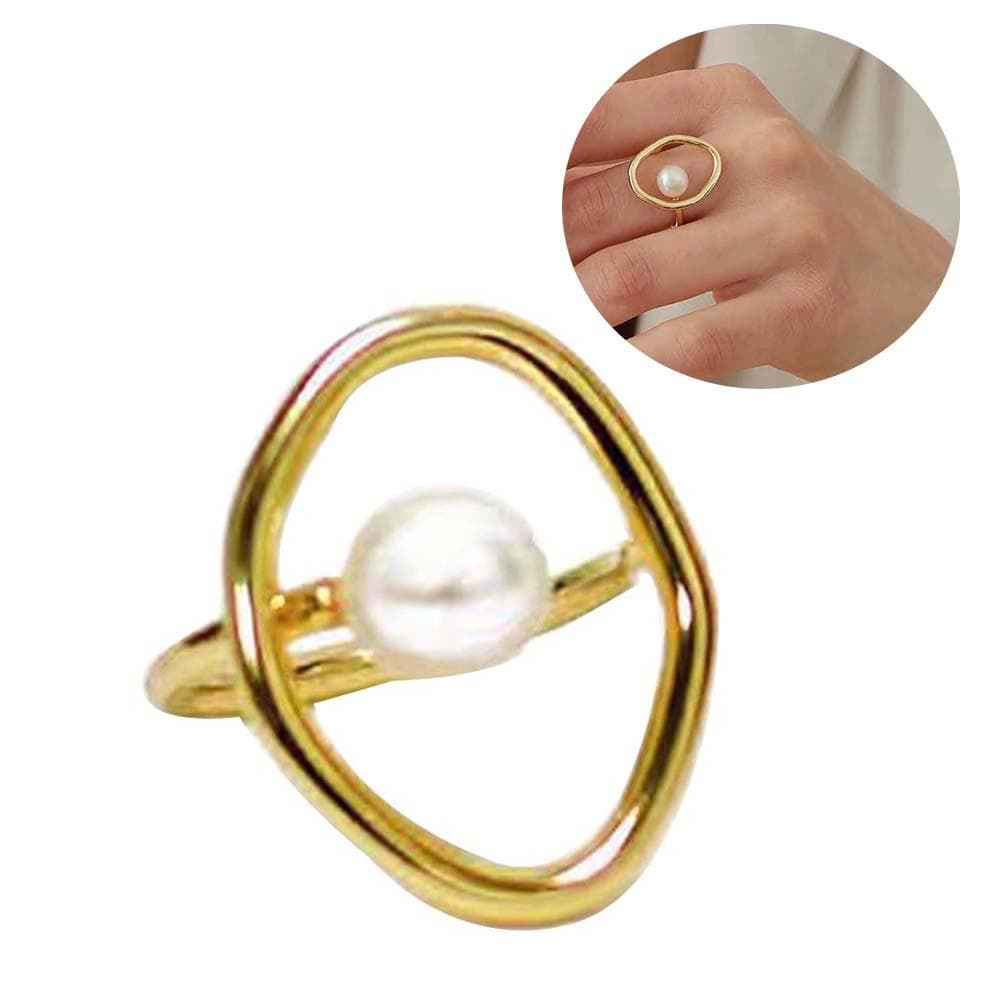 Pearl Women Fashion Faux Geometric Round Hollow Ring Finger Jewelry Party Gift