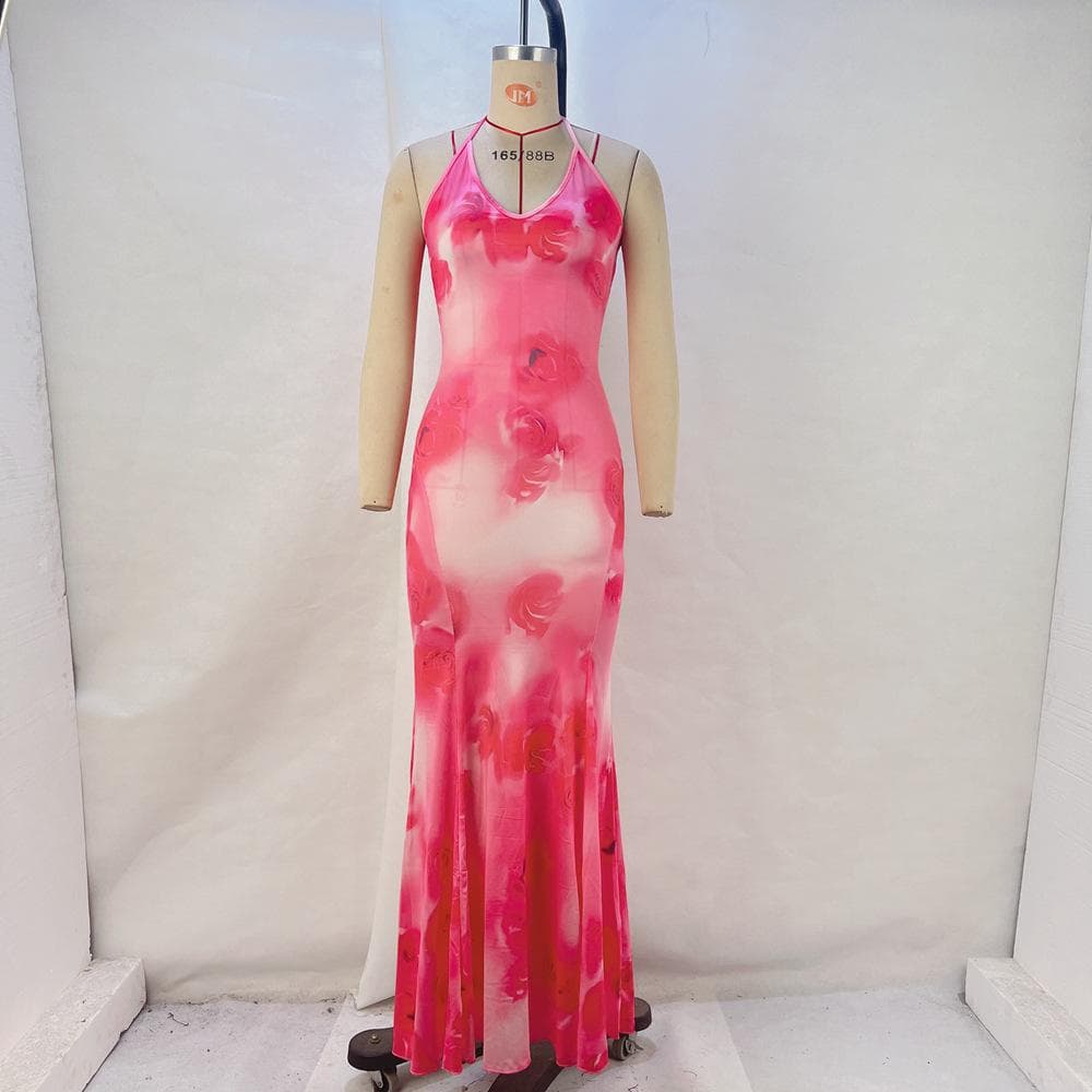 Women's Clothing, Summer New Fashion Printed Backless Halter Necklace Slim Fish Tail Dress, Long Skirt for Women L pink