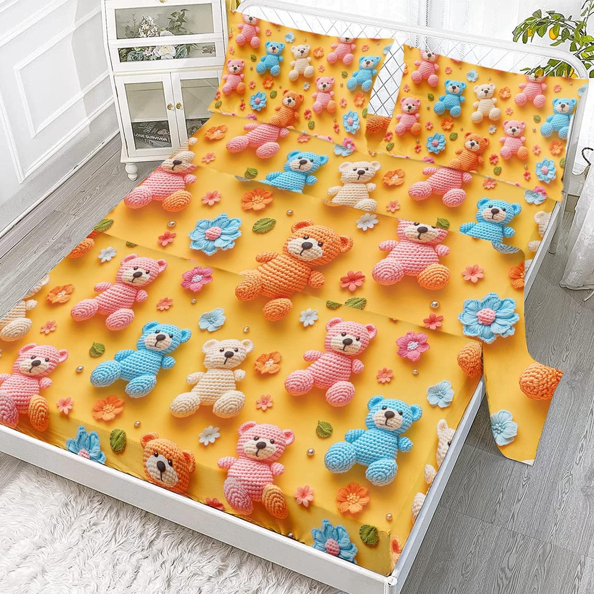 Orange Knitted Teddy Bear Four-Piece Set, Warm Color Style, Including 1 Bed Sheet, 1 Duvet Cover, 2 Pillowcases (Home, Soft) 99cmx199cm white