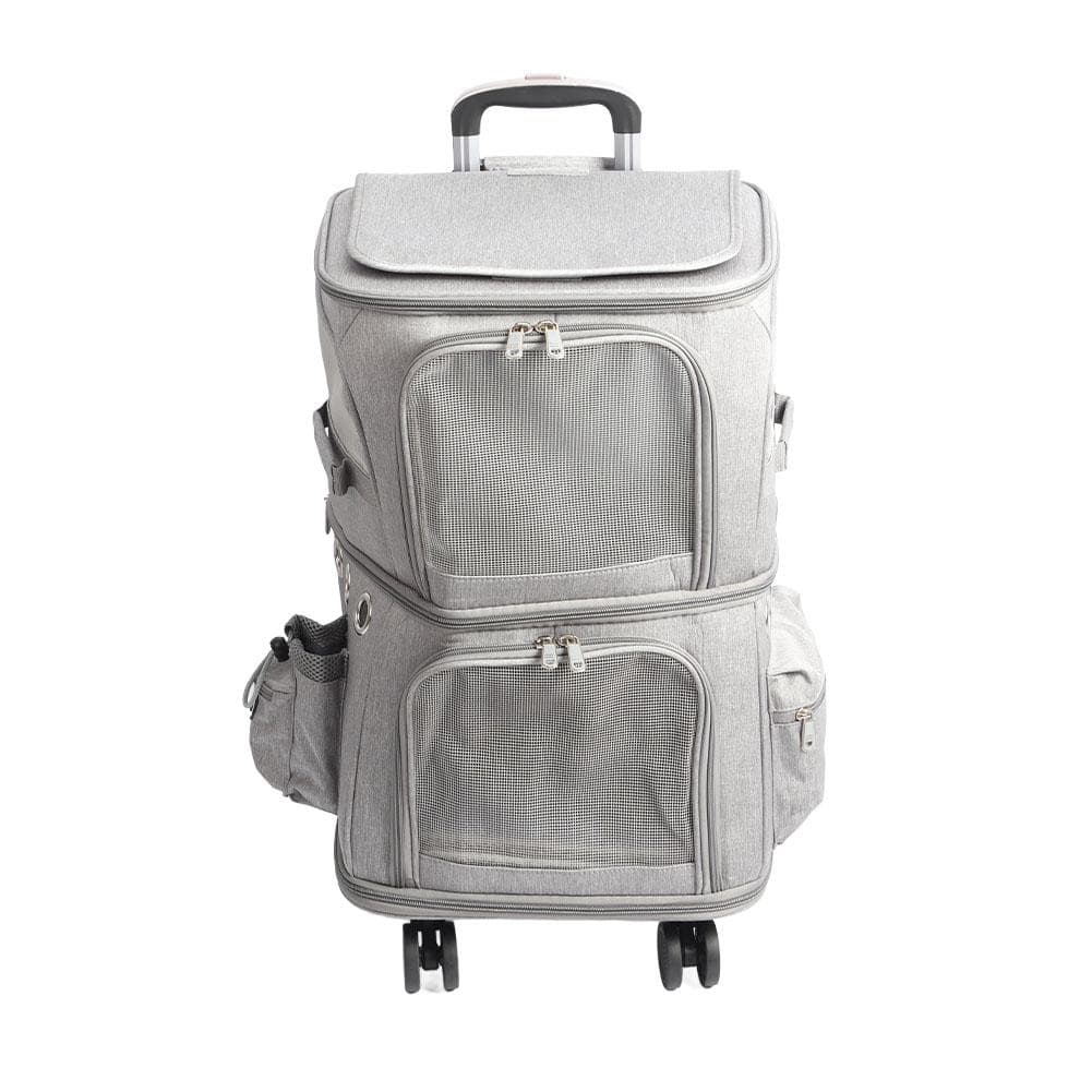 Double Compartment Pet Carrier Backpack Folding Cat Backpack Carrier with Trolley Wheels for Travel gray