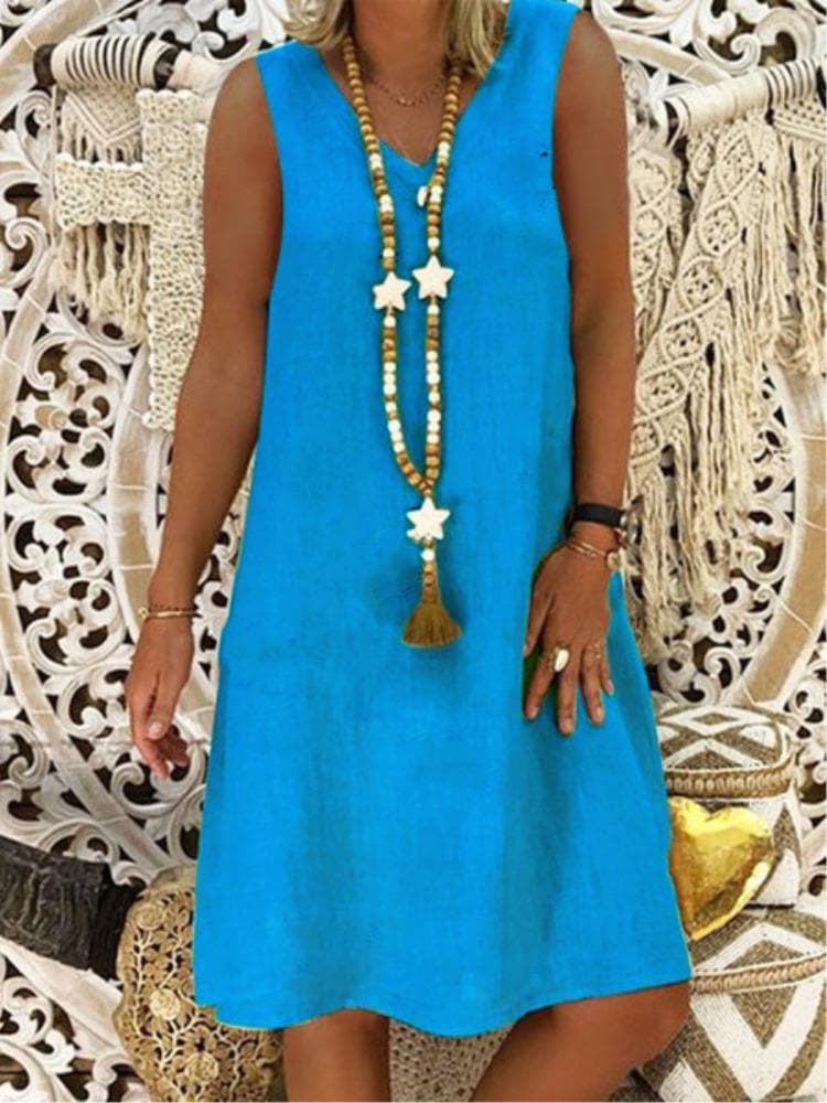 Summer V-neck Sleeveless Vest Solid Color Dress for Women L blue