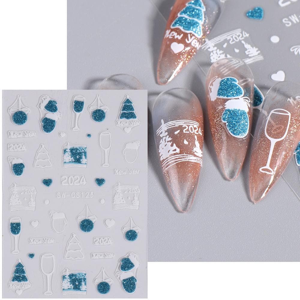Silver Glitter Christmas Nail Stickers 3D Winter Tree Snowflake Feather Leaf Holographic Nail Art Decals Manicure Slider SW-CS125