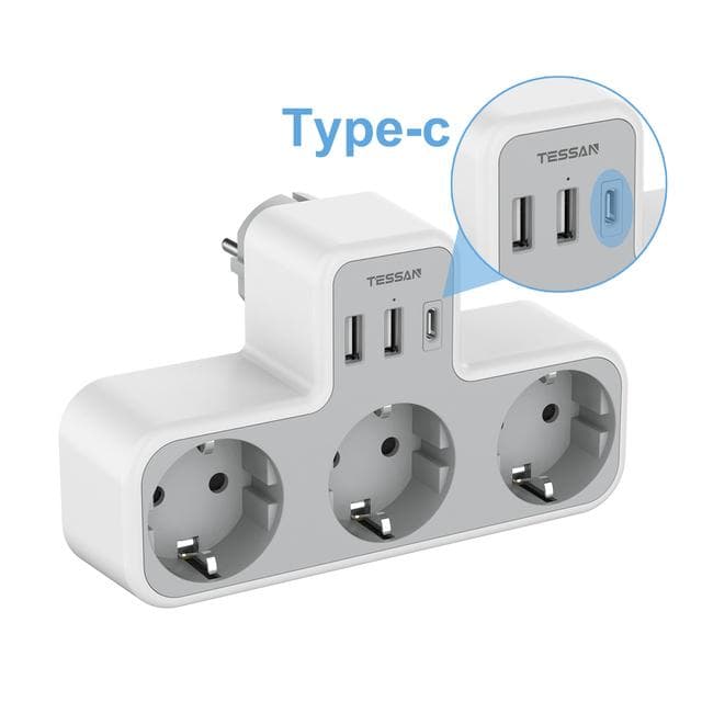 TESSAN USB Wall Socket Adapter EU Standard Plug with 3 Outlets and 3 USB, Multiple European Plug Power Strip Overload Protection 3 Outlets & 3 USB Ports gray