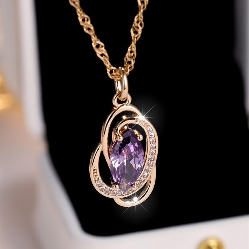Purple Zircon Hollow Oval Pendant Necklace for Women Gold Color Water Wave Chain Vintage Wedding Jewelry purple/gold