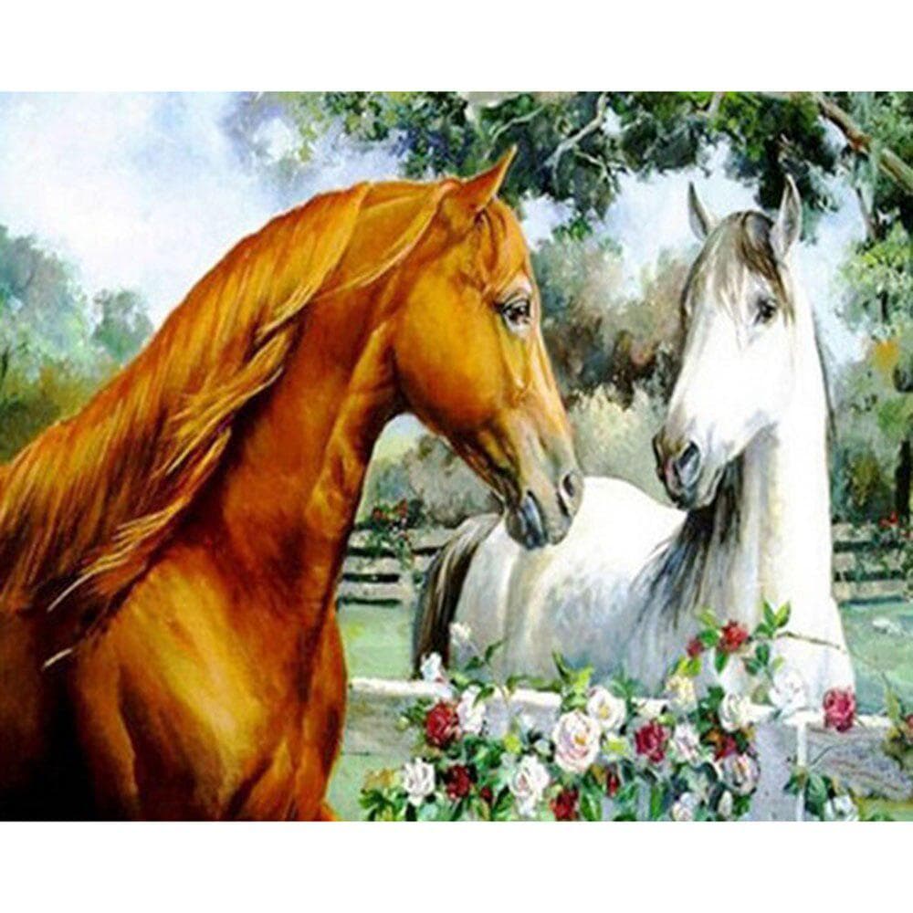 Cross Stitch DIY Diamond Embroidery White and Brown Horses Full Round Diamond Painting Home Decor 20X30CM