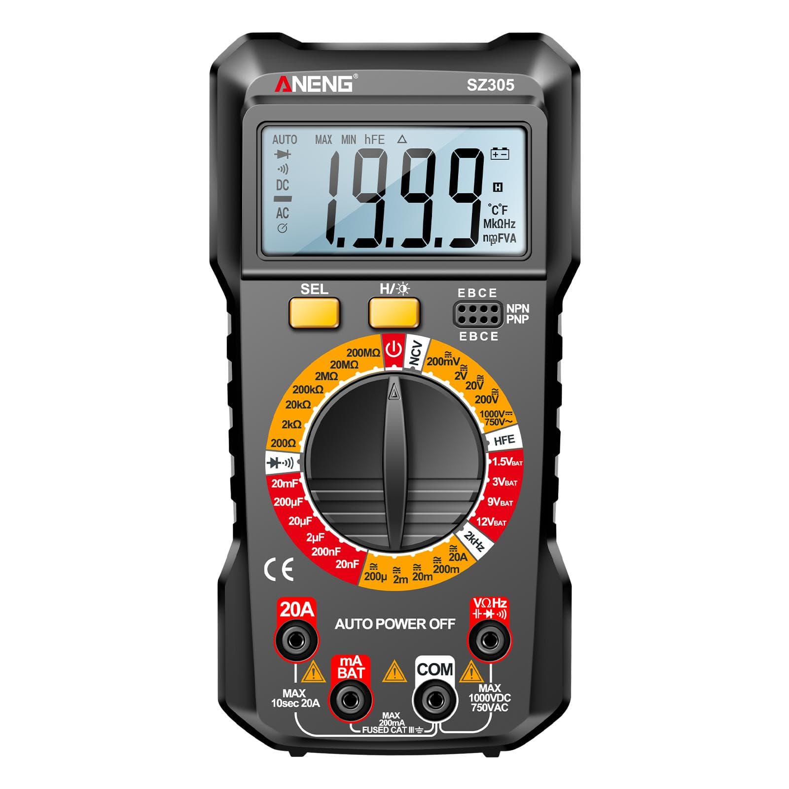ANENG SZ305 Multimeter Capacitor Testers Professional 1999 Counts Smart Voltmeter Ohm Meter Fast black