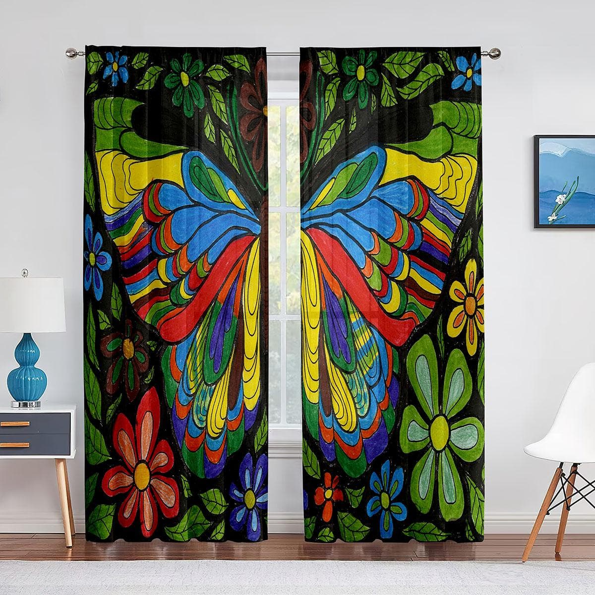 Spring Flower Colorful Floral Butterfly Sheer Curtain for Living Room Voile Window Blinds Bedroom Tulle Drape Kitchen Curtains 1 PCS W100XH250cm&Grommet Top