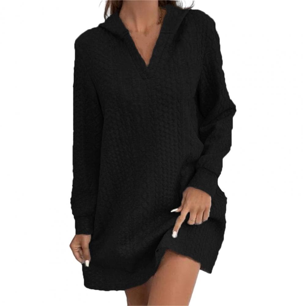 Fall Winter Women Dress Hooded V Neck Thick Applique Solid Color Pullover Long Sleeve Above Knee Length Casual Soft Mini Dress XL black