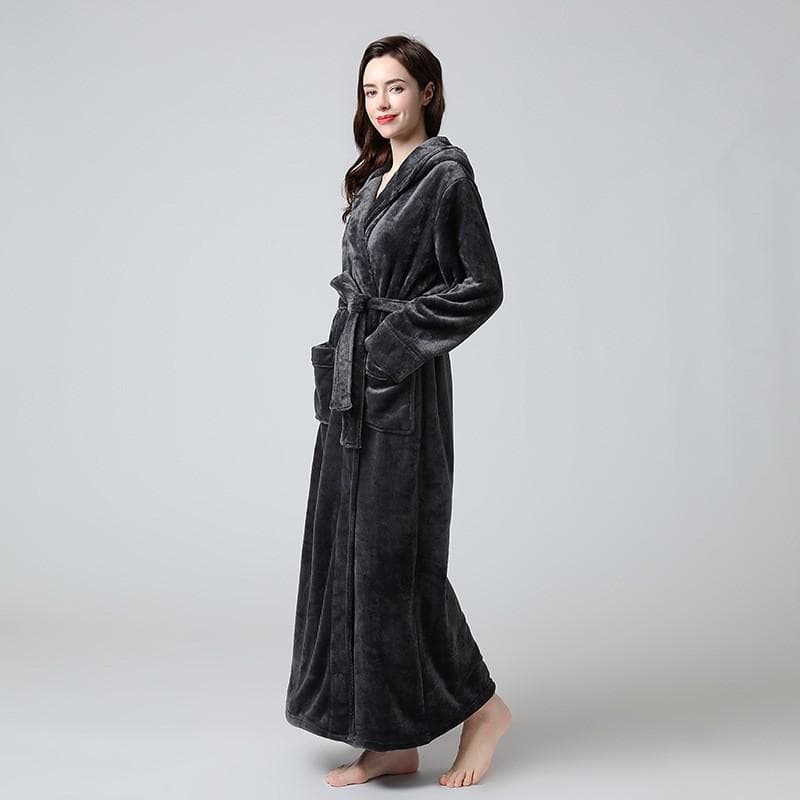 Extra Long Winter Coral Fleece Bathrobe Women's Hooded Warm Kimono Bathrobe Comfortable Kimono Shower Robe Loose L