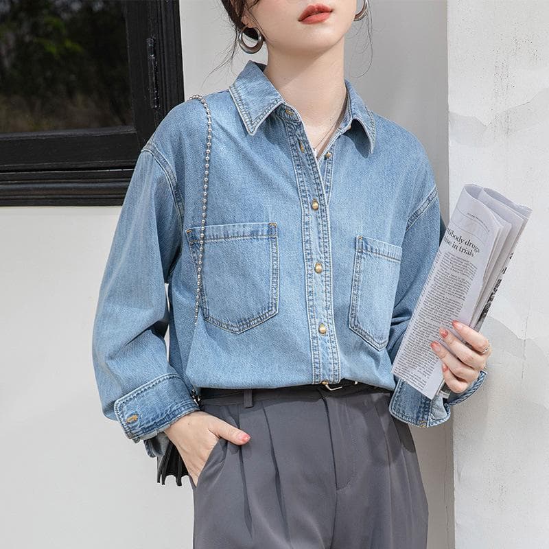 Non-curled Retro Dark Blue Soft Denim Long-sleeved Shirt Autumn Loose Inner Layer Layered Commuter Small Shirt XL