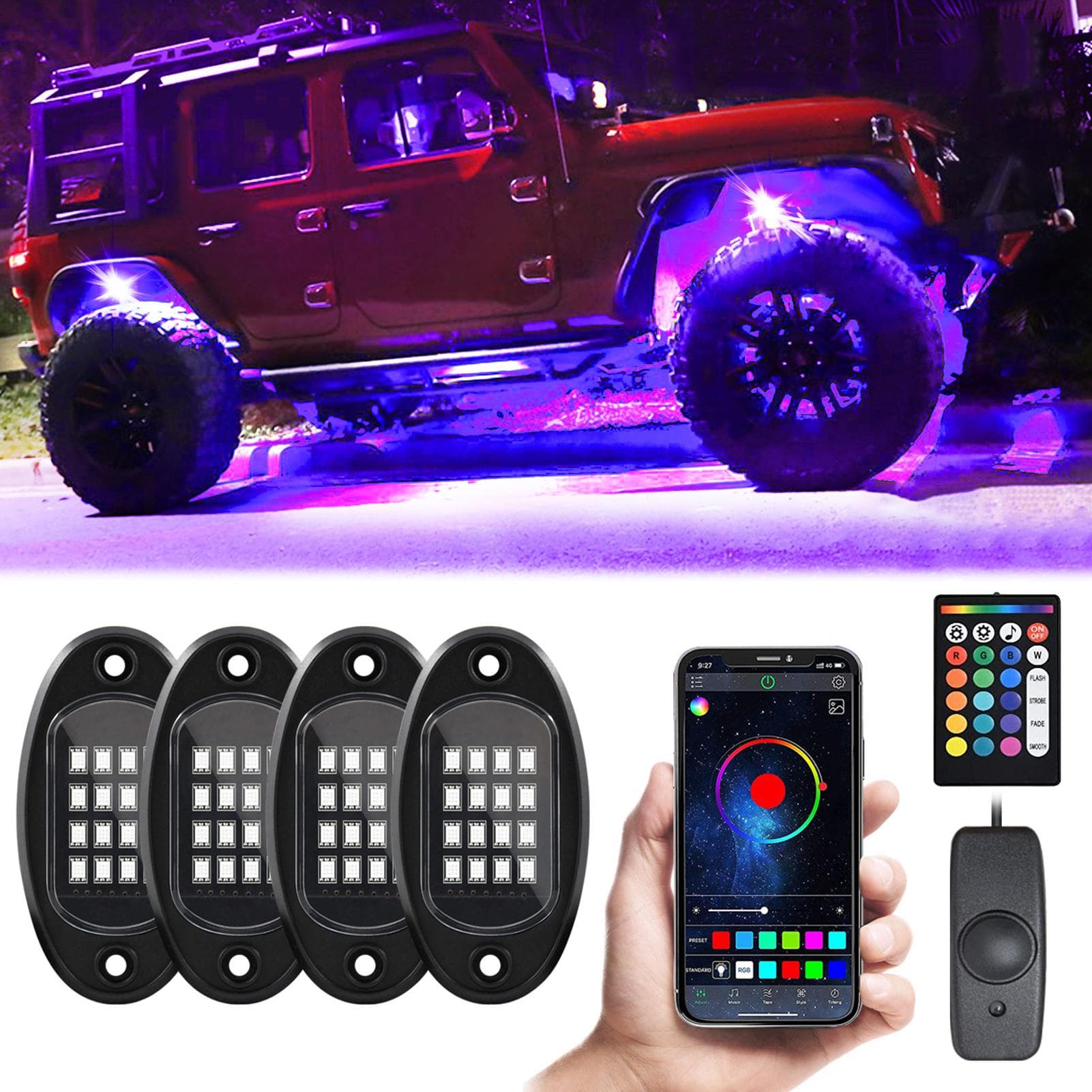 LED Rock Lights 8pcs Multicolor LED Lights Waterproof with APP BT 24 Key Controller Music Function 4pcs