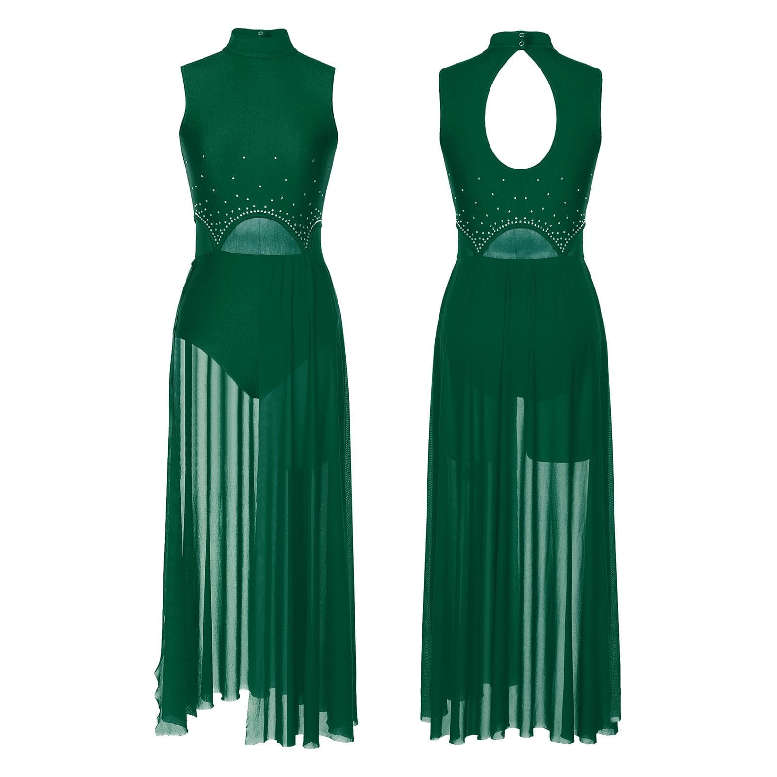 Women Lyrical Dance Costume Modern Contemporary Ballet Dancewear Rhinestone Decor Leotard Dress M green