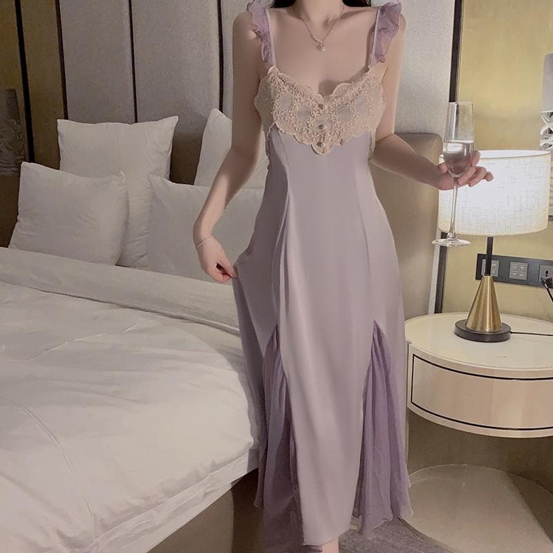 Sexy Pajamas for Women, Spring Satin Lace Long Dress with Breast Pads, Deep V-neck Colorful Nightgown for Women L