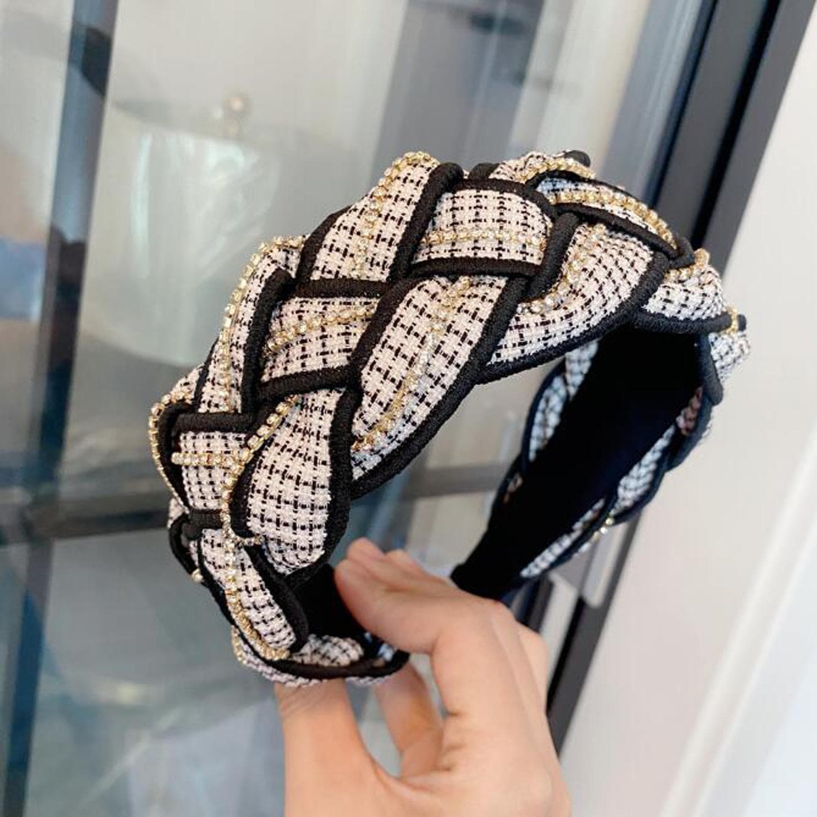 Fashion Headband For Women Wide Side Turban Handmade Braided Headwear Shining Rhinestone Hair Accessories white/black