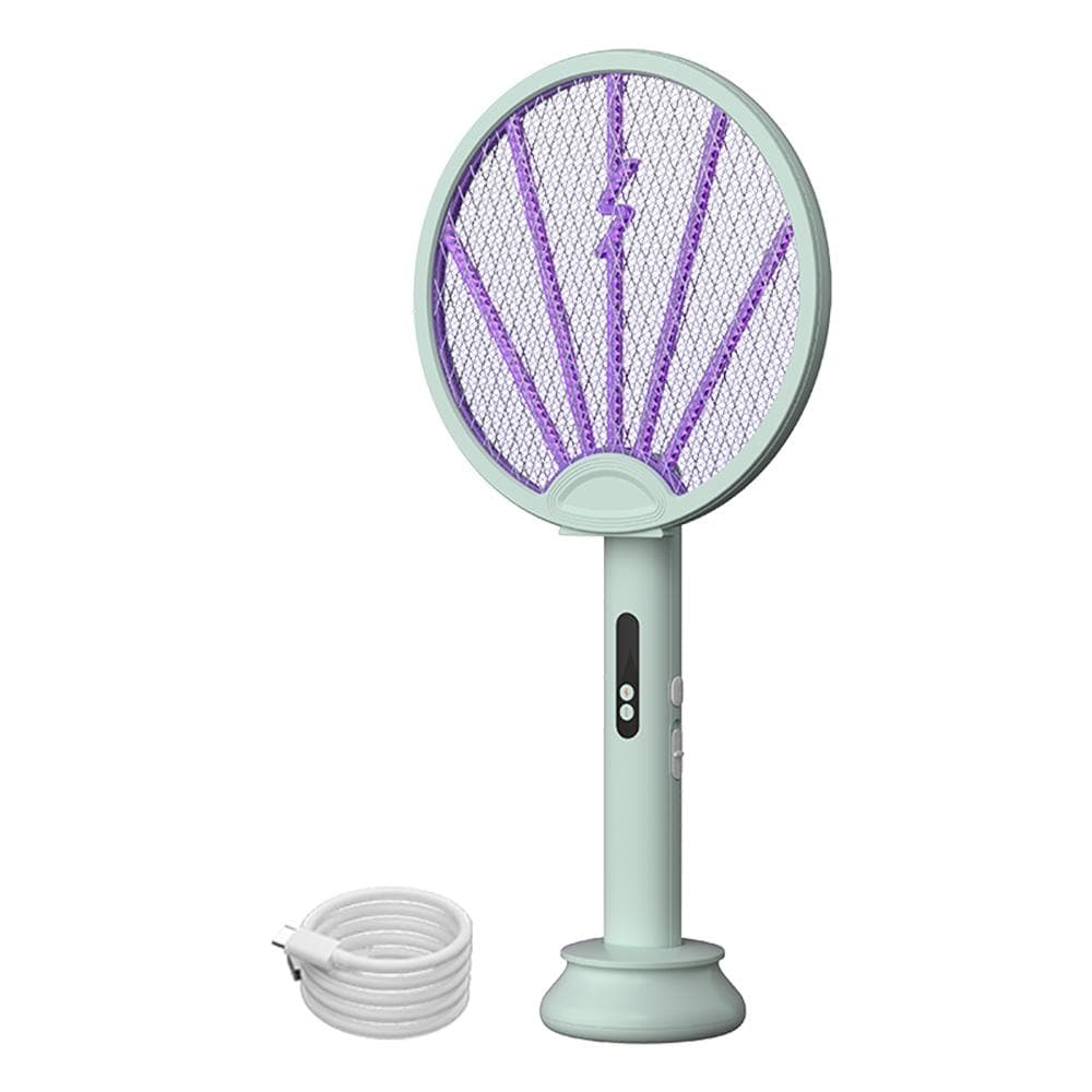 Electric Fly Swatter Racket, 2in1 Intelligent Bug Zapper with USB Rechargeable Base, Foldable Bug green