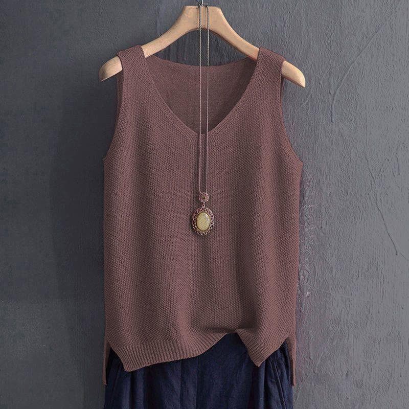 Spring V-neck Vest Female Student Knitted Sweater Waistcoat Vest Plus Size M tan
