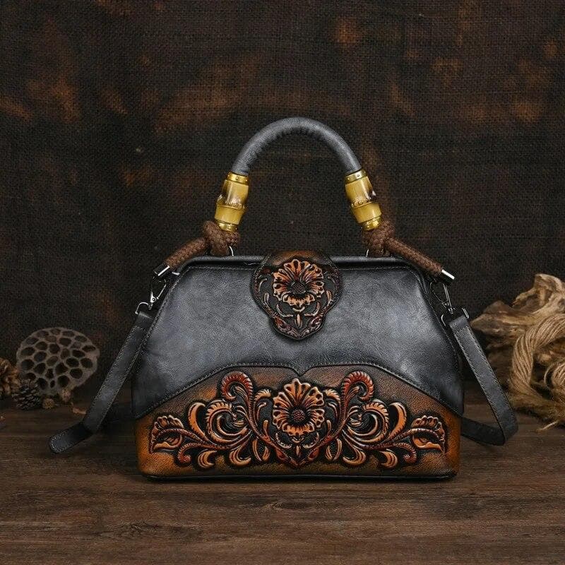 Ladies Luxury Handbag 2024 New Vintage Handmade Leather Carved Women Tote Bag Versatile Female Shopping Shoulder Crossbody Bags gray