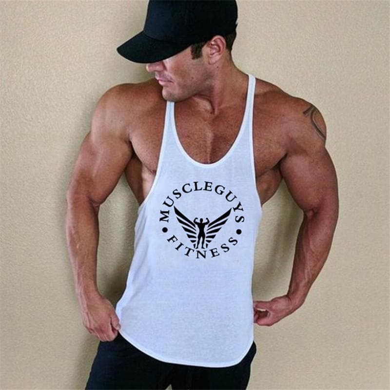 Muscleguys Bodybuilding Clothing Undershirt Mens Cotton Fitness Stringer Singlets Vest M white