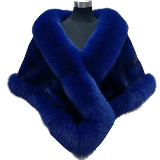 Thickened Warm Mink Fox Fluffy Cape Coat Solid Color Women Winter Faux Fur Shawl royal blue