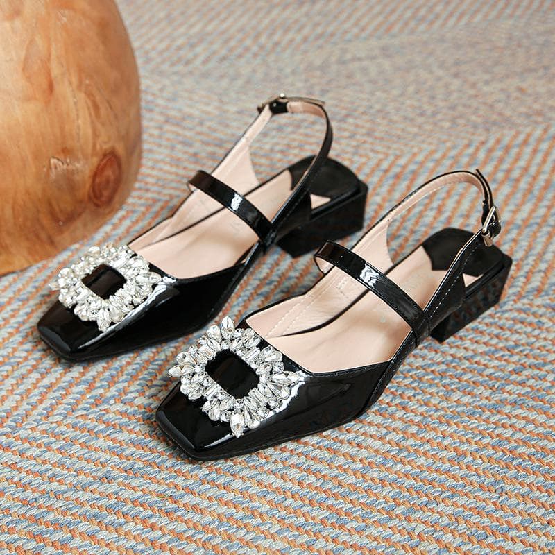Spring New One-word Diamond Buckle with Square Head Shallow Mouth Small Thick Heel Single Shoes Women 42 black