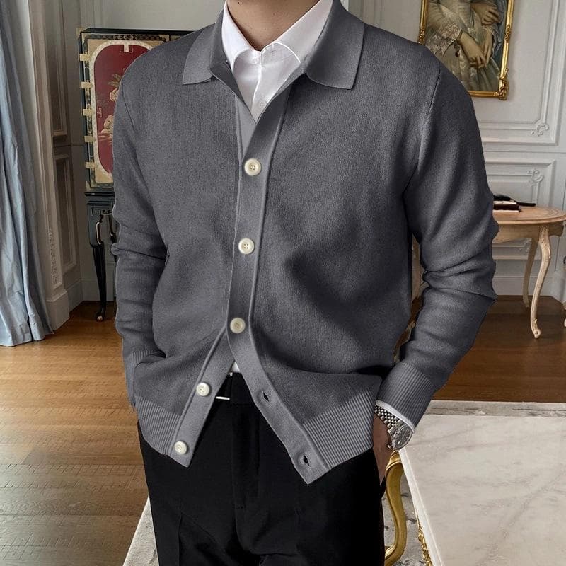 2024 Spring Autumn New Cotton Knitted Cardigan Slim Long Sleeve Button Korean Men's Fashion Lapel Sweater Simple Casual Coat 3XL dark grey