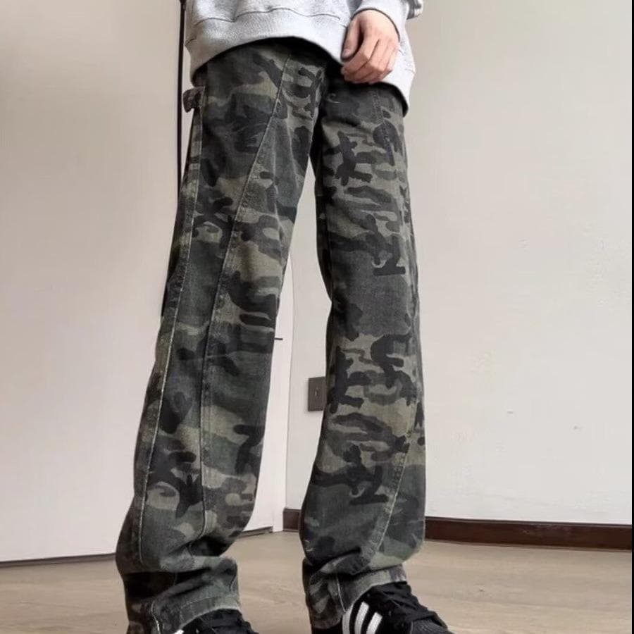 Camouflage Workwear Jeans for Boys In Summer New High Street Retro Pants Loose Straight Wide-leg Trousers S