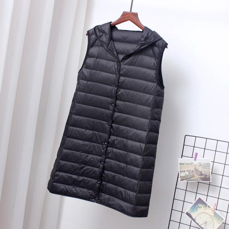 Women Ultra Light Down Long Vest with Hood Casual Slim Waistcoat Duck Down Gilet Fashion L black
