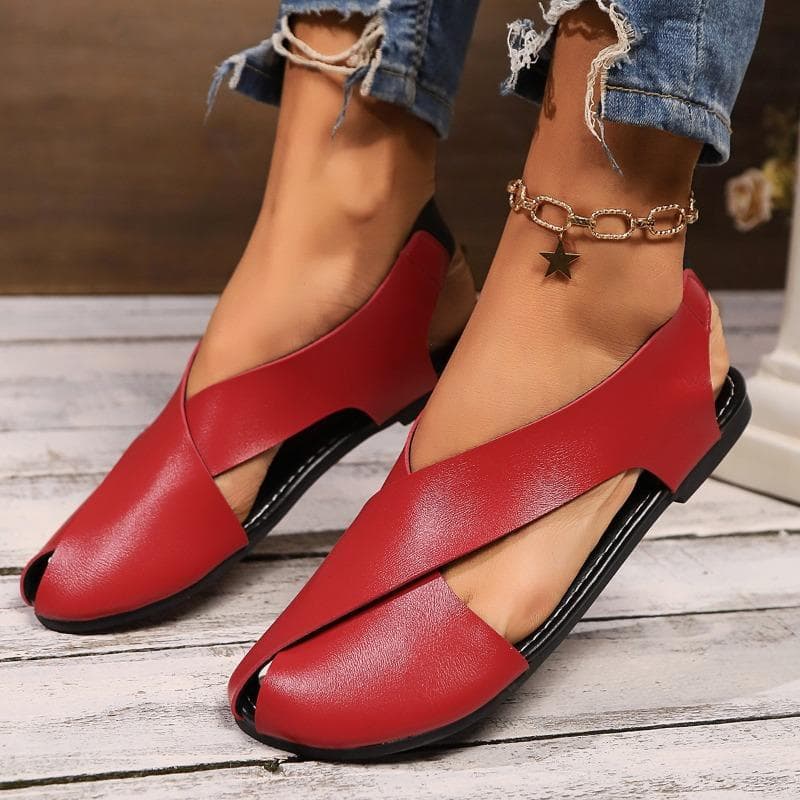 Sandals Women's Bag Side-open Flat Shoes Cross Soft Leather Elastic Band Flip-flops 43 red