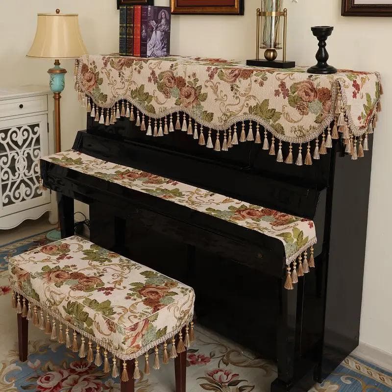 European Jacquard Chenille Piano Cover Beaded Tassel Piano Protective Case Vintage Floral Pattern Piano Stool Cover Cloth Towel bench 56x36cm