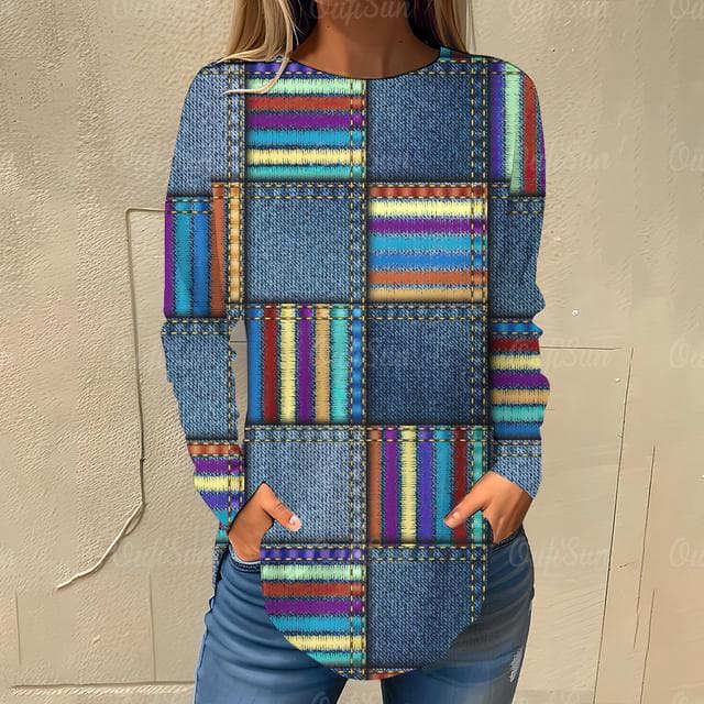 Vintage Women's T-Shirt Autumn O Neck Sweater T Shirt for Women 3D Plaid Printed Clothes Imitation Cotton Long Sleeve Pullover L